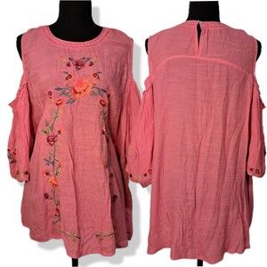 Intricately Floral Embroidered Peach Cold Shoulder Blouse S
